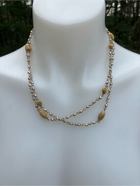 Seasonal Whispers pine cone gold tone link necklace with silver faceted beads